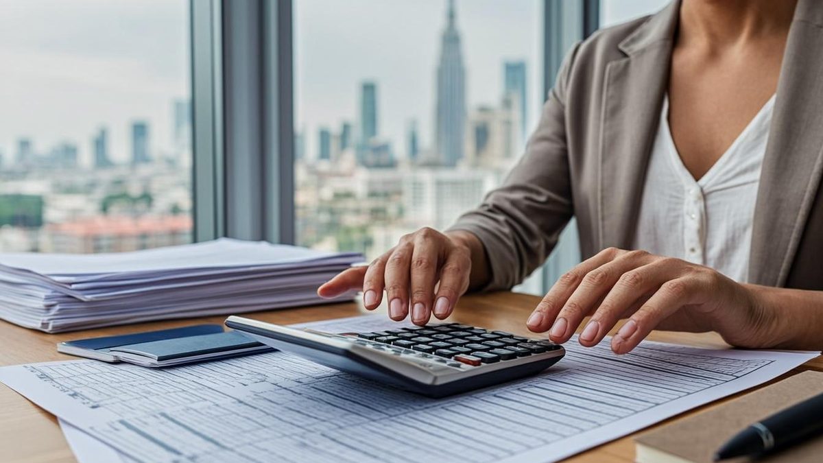 Hands reviewing visa cost breakdown with calculator and documents