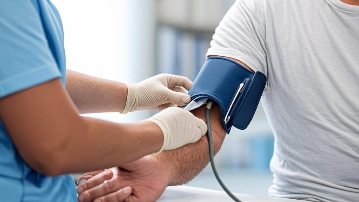Nurse conducting a medical fitness blood pressure check for visa screening