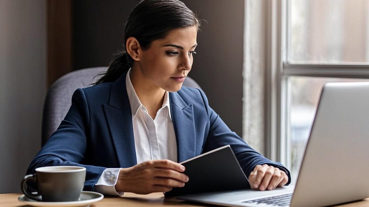 Professional reviewing passport and cards at a home office desk