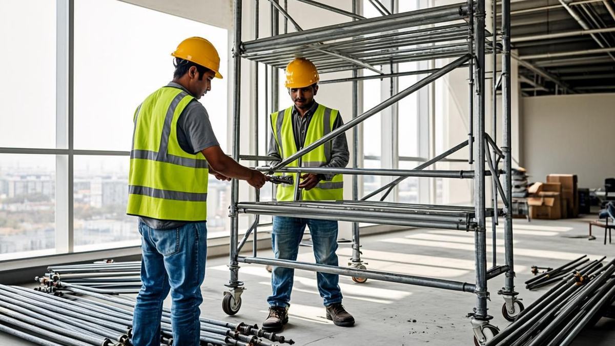 Operatives assembling an aluminium mobile scaffold tower inside a UAE office fit-out