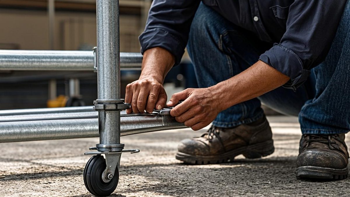 Worker securing outriggers on an aluminium scaffold tower at a UAE warehouse