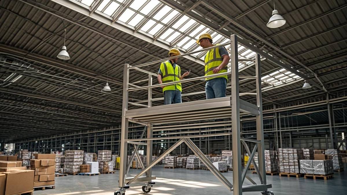 Aluminium mobile scaffold tower in use during warehouse maintenance in the UAE