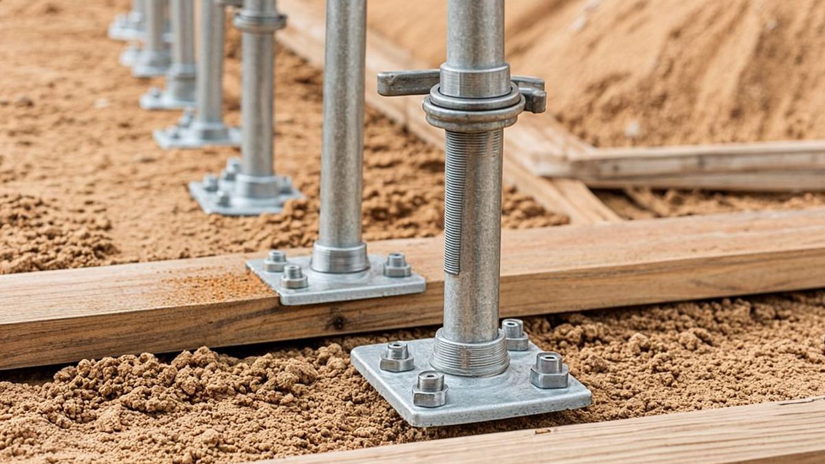 Close-up of adjustable base jack stem, handle nut and base plate on a UAE site