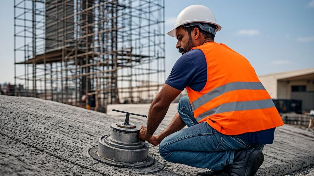 Worker adjusting a swivel base jack on a sloped concrete ramp in the UAE