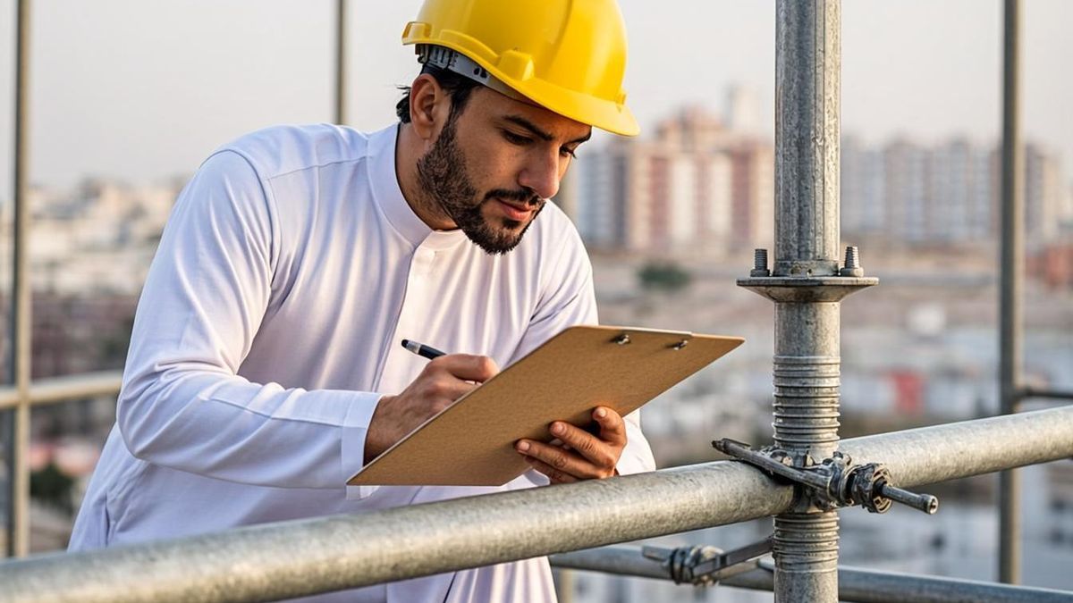 Scaffolding inspector checking base jack threads and plates with a checklist in Abu Dhabi