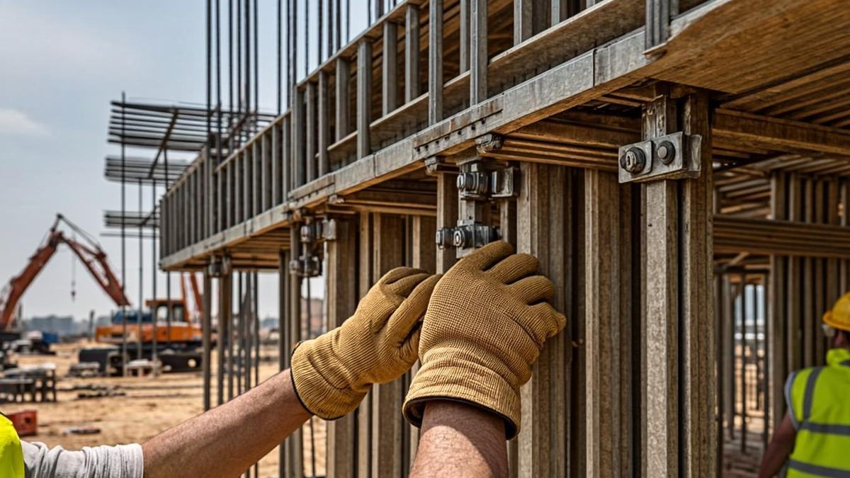 Cantilever scaffold platform projecting from a UAE tower facade with counterweight blocks