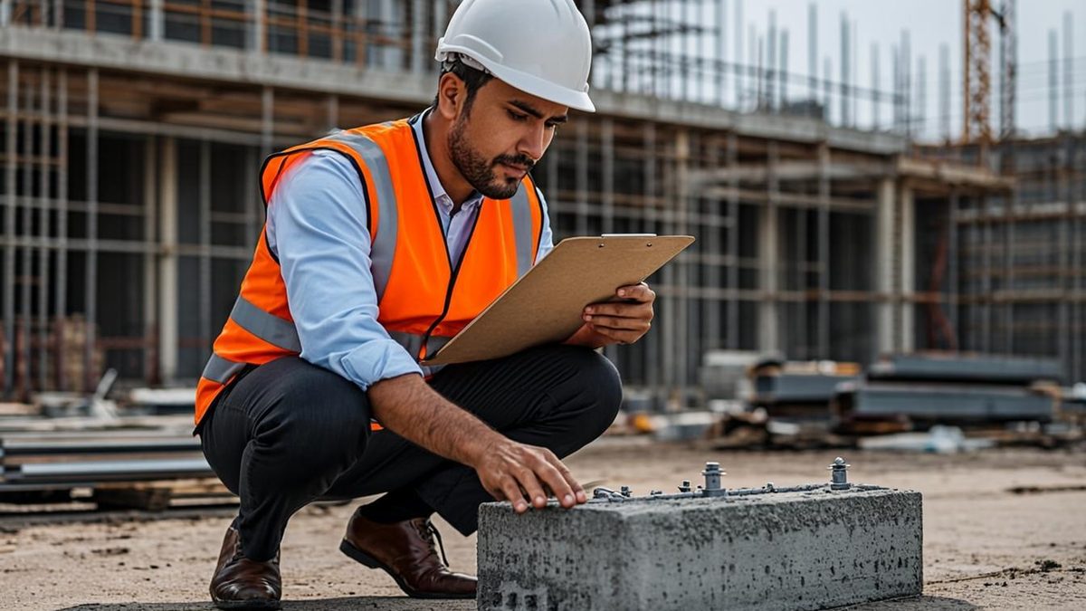 Scaffold engineer checking counterweight blocks and tie-back anchors on a UAE rooftop