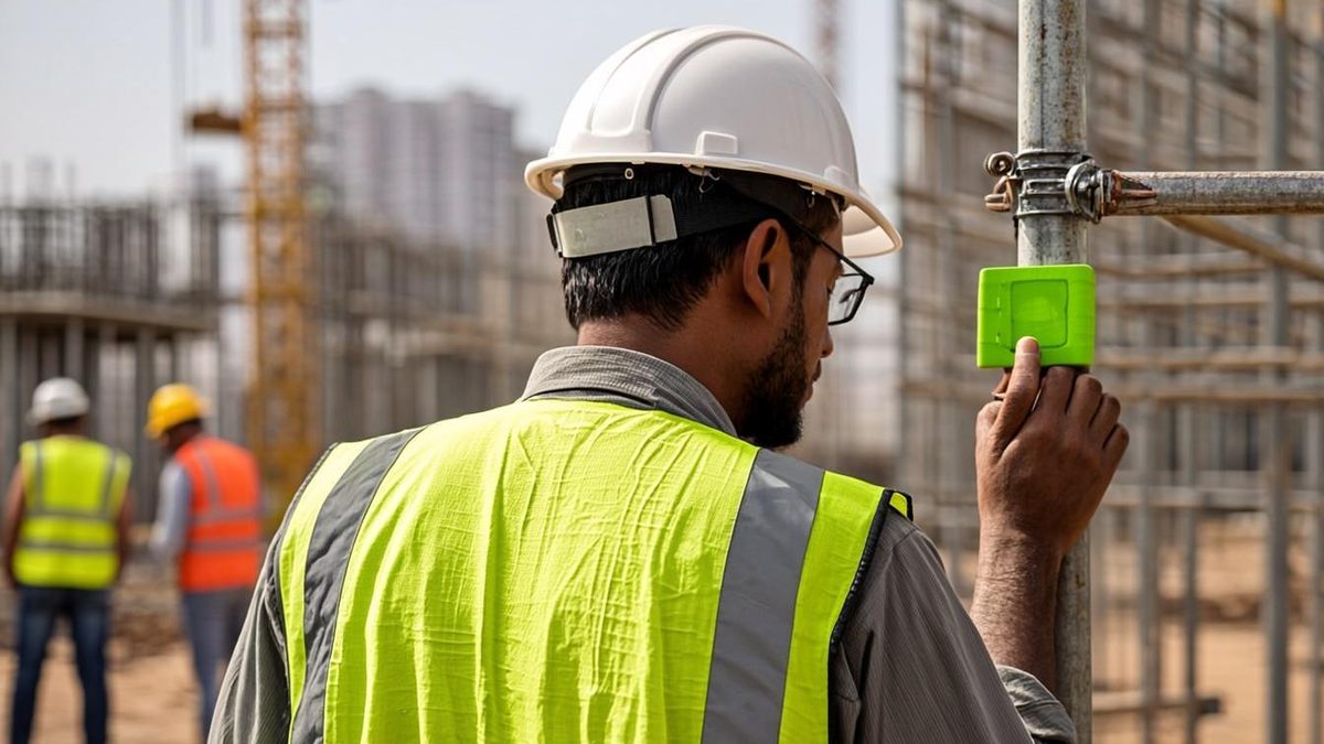 Scaffold inspector completing a green tag on a cantilever scaffold in the UAE