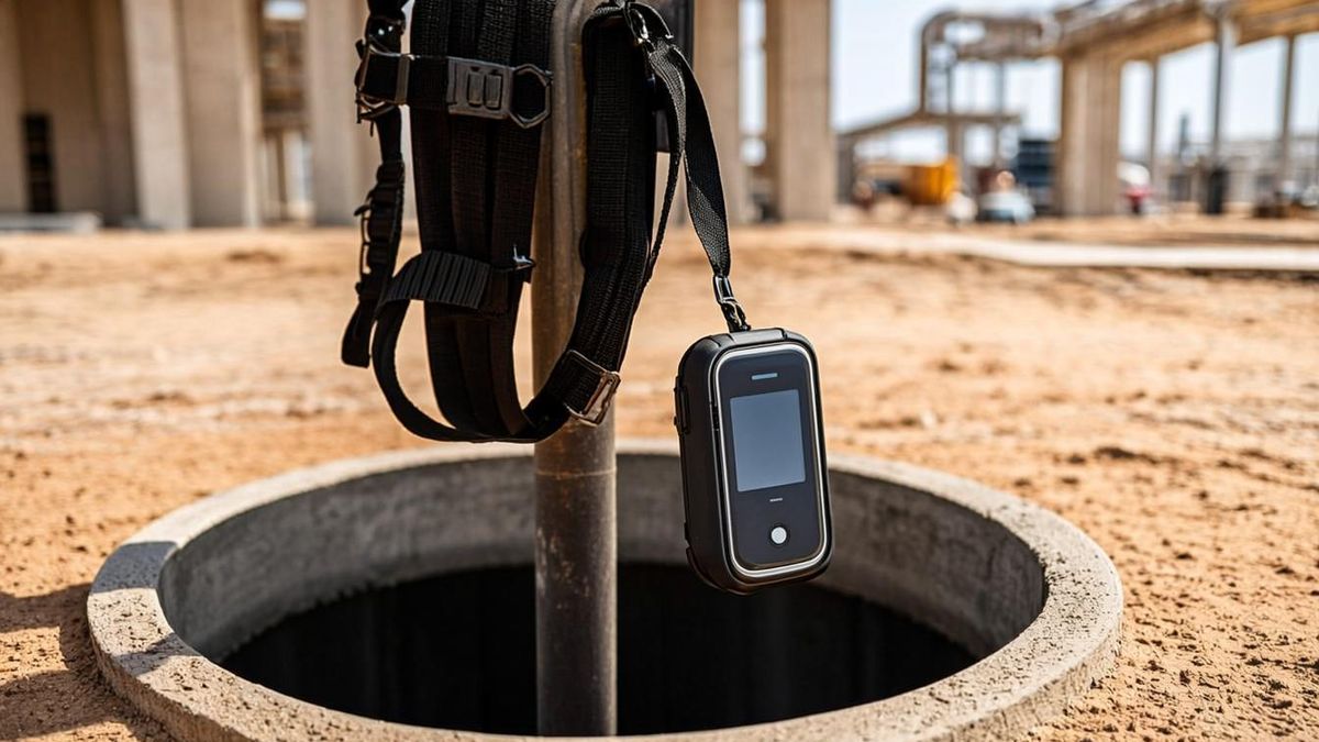 Gas tester sampling three depths of a confined space from outside before entry permit sign-off
