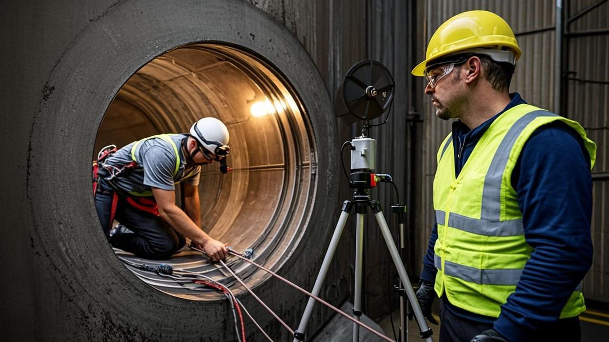 Attendant watching entrant inside ventilated confined space with continuous gas monitoring display
