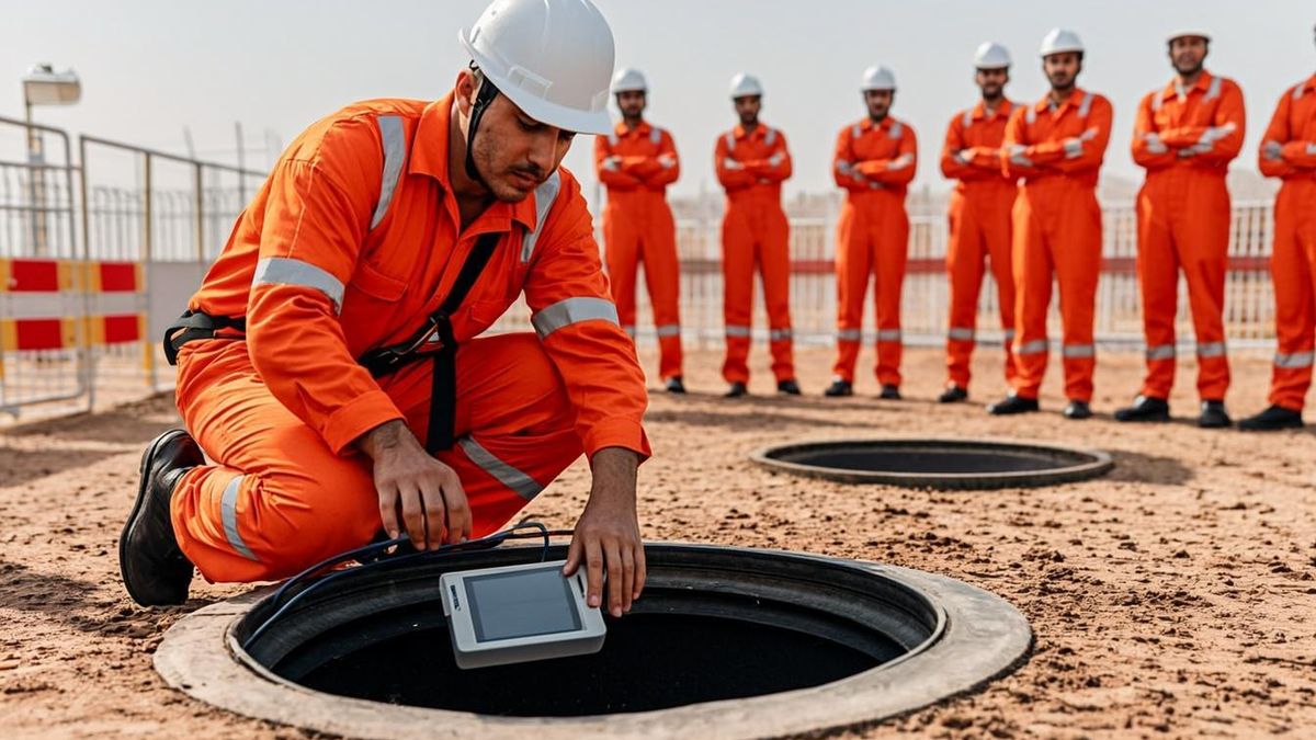 Worker lowering a 4-gas detector into a manhole to test confined space oxygen levels in the UAE