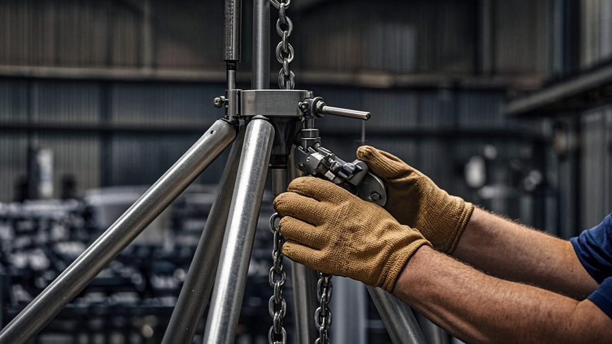 Safety technician attaching a retrieval winch cable to the head of a confined space tripod