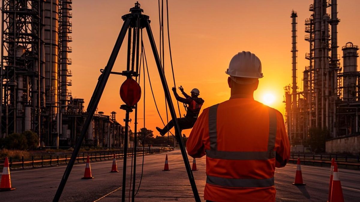 Confined space entry team checking gas monitor readings beside a rigged tripod in a UAE plant