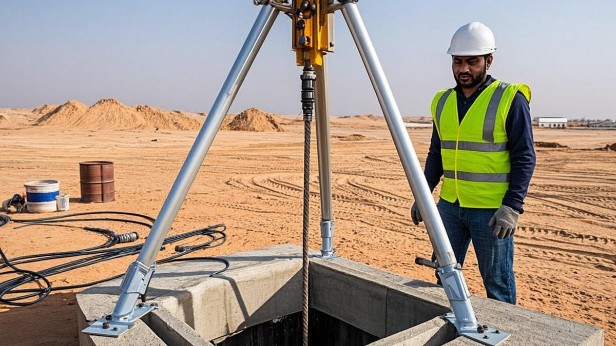 Aluminium confined space rescue tripod set up above an open manhole at a UAE industrial site