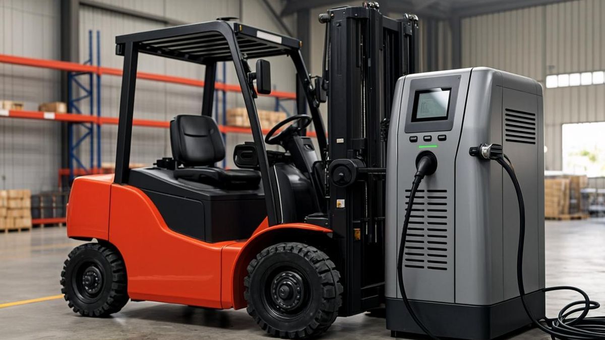 Electric forklift connected to an industrial charging station in a UAE warehouse