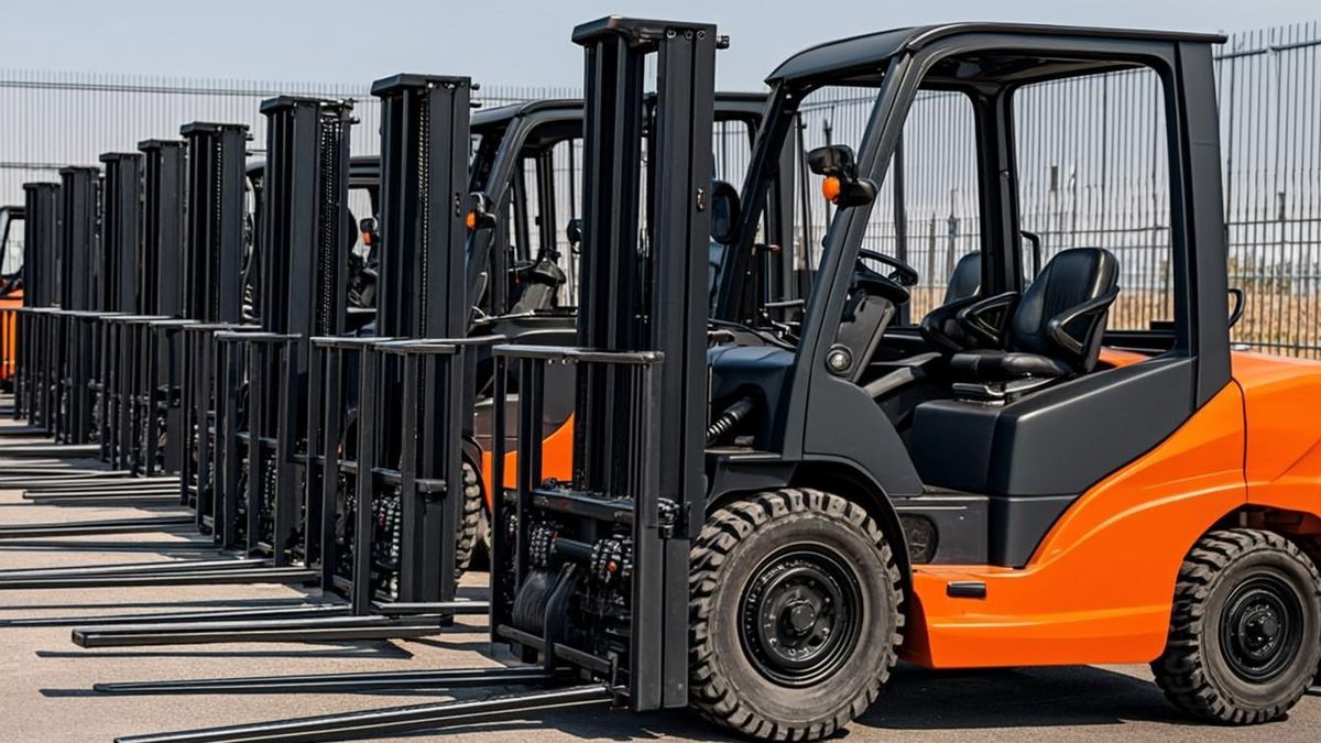 Fleet of electric forklifts lined up at a UAE equipment rental yard