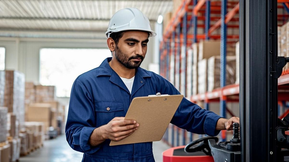 Supervisor performing a documented daily inspection on an electric forklift in a UAE warehouse