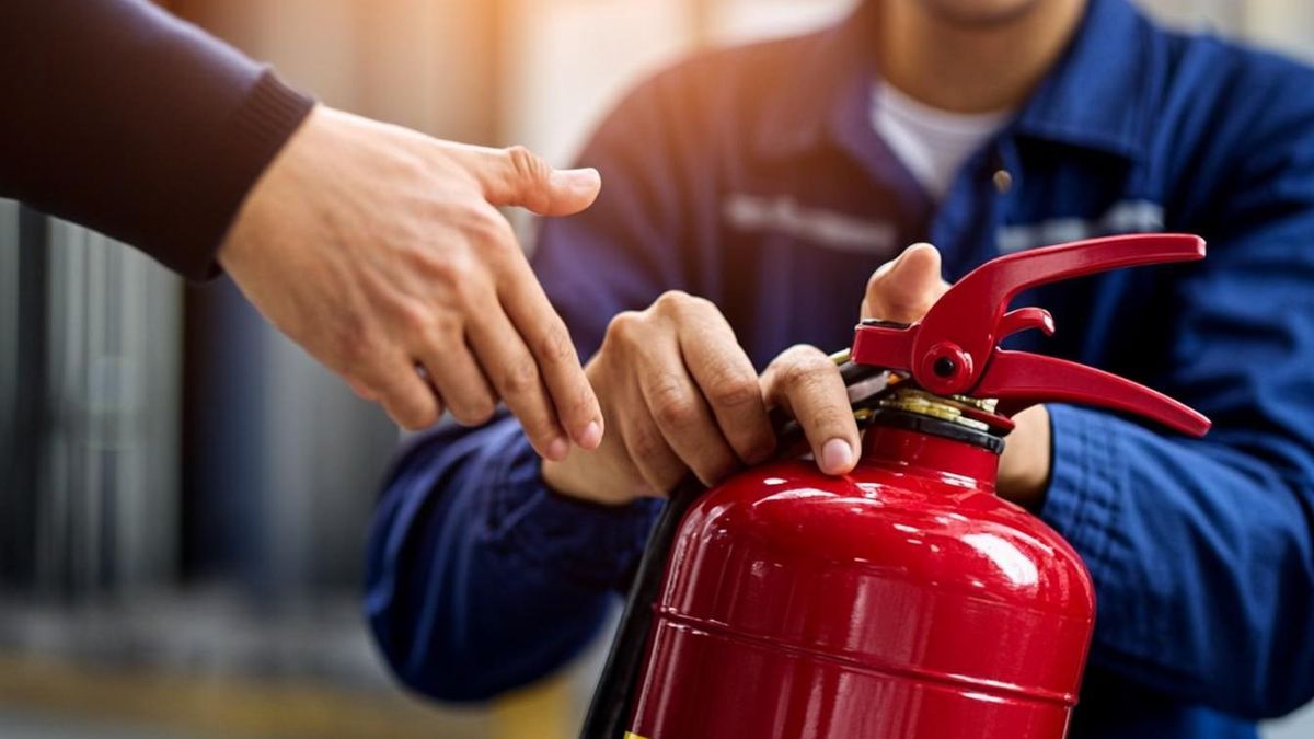 Hands-on fire extinguisher practice during fire safety awareness training in the UAE