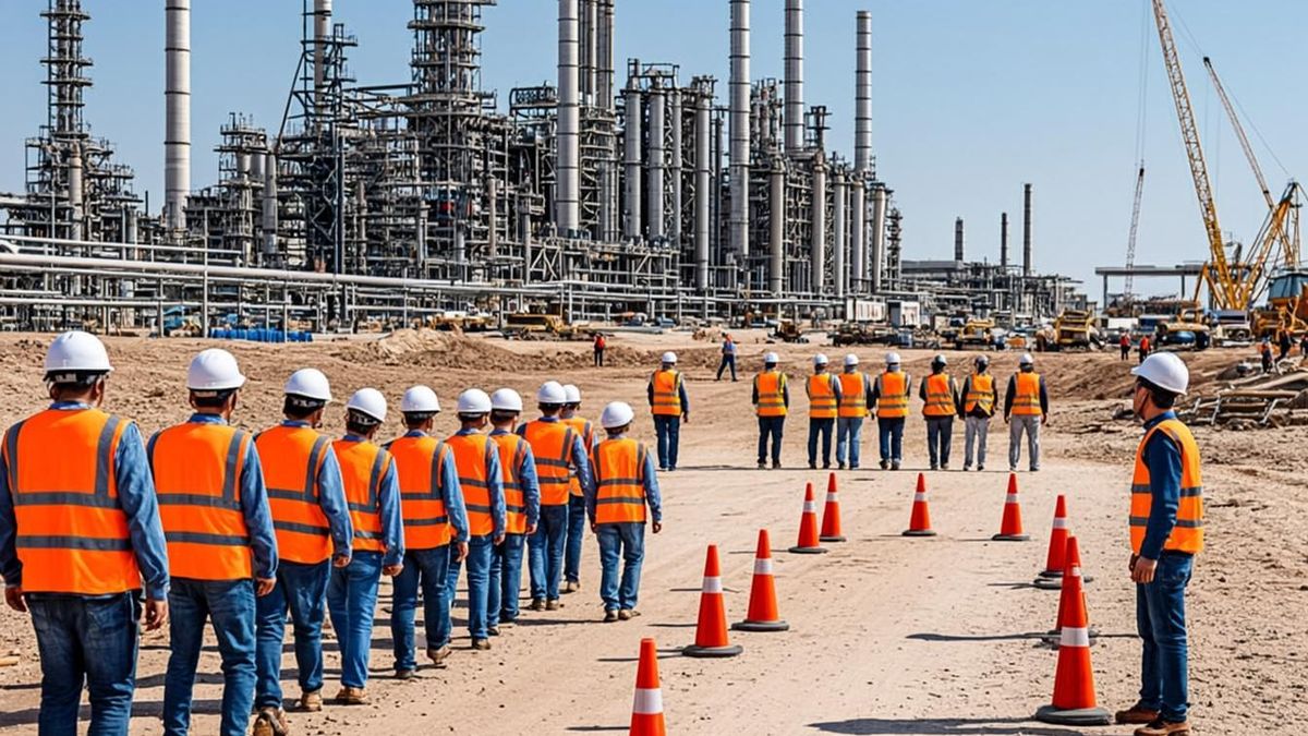 Fire evacuation drill with workers moving to the assembly area at a UAE site