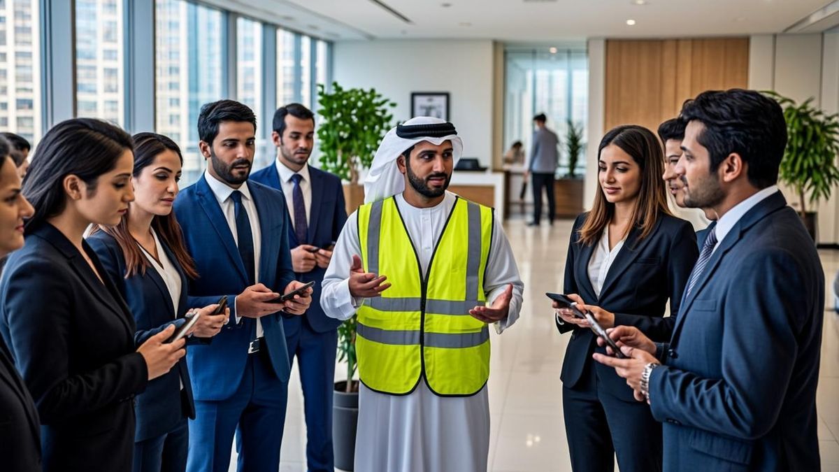 Fire safety trainer briefing office employees on evacuation procedures in a UAE building