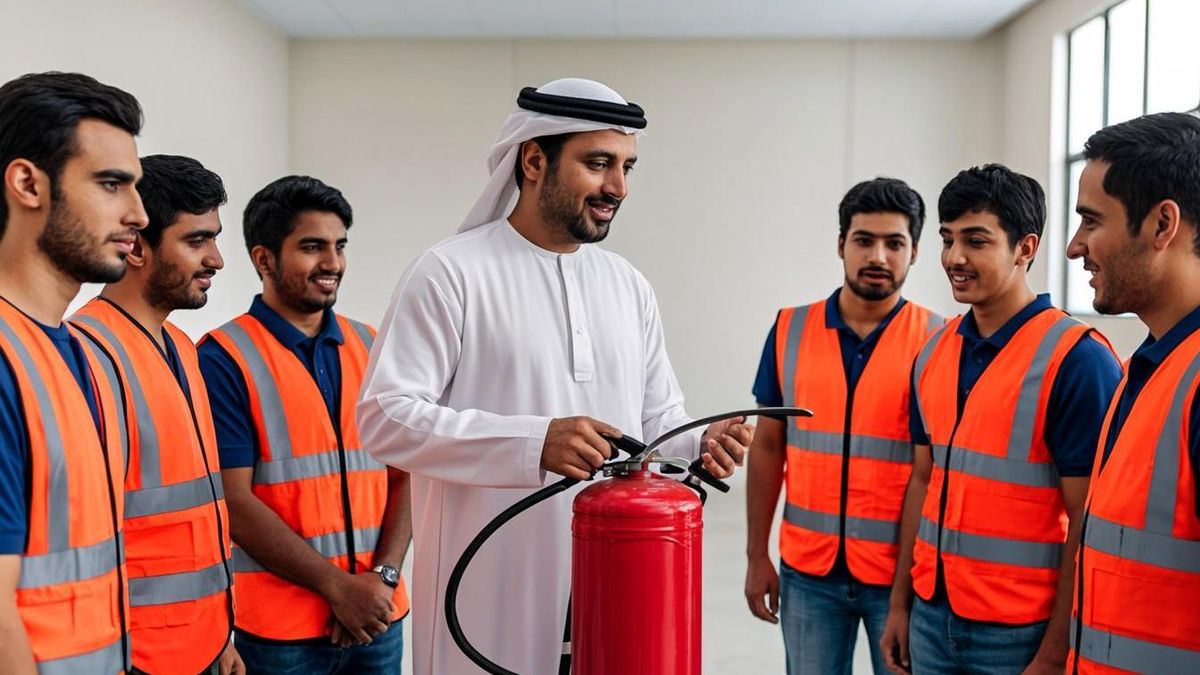 Fire safety awareness training session with extinguisher demonstration for workers in a UAE warehouse