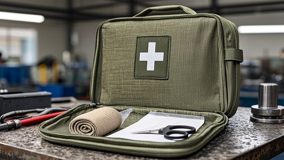 Open workplace first aid kit with bandages and supplies on a workshop shelf
