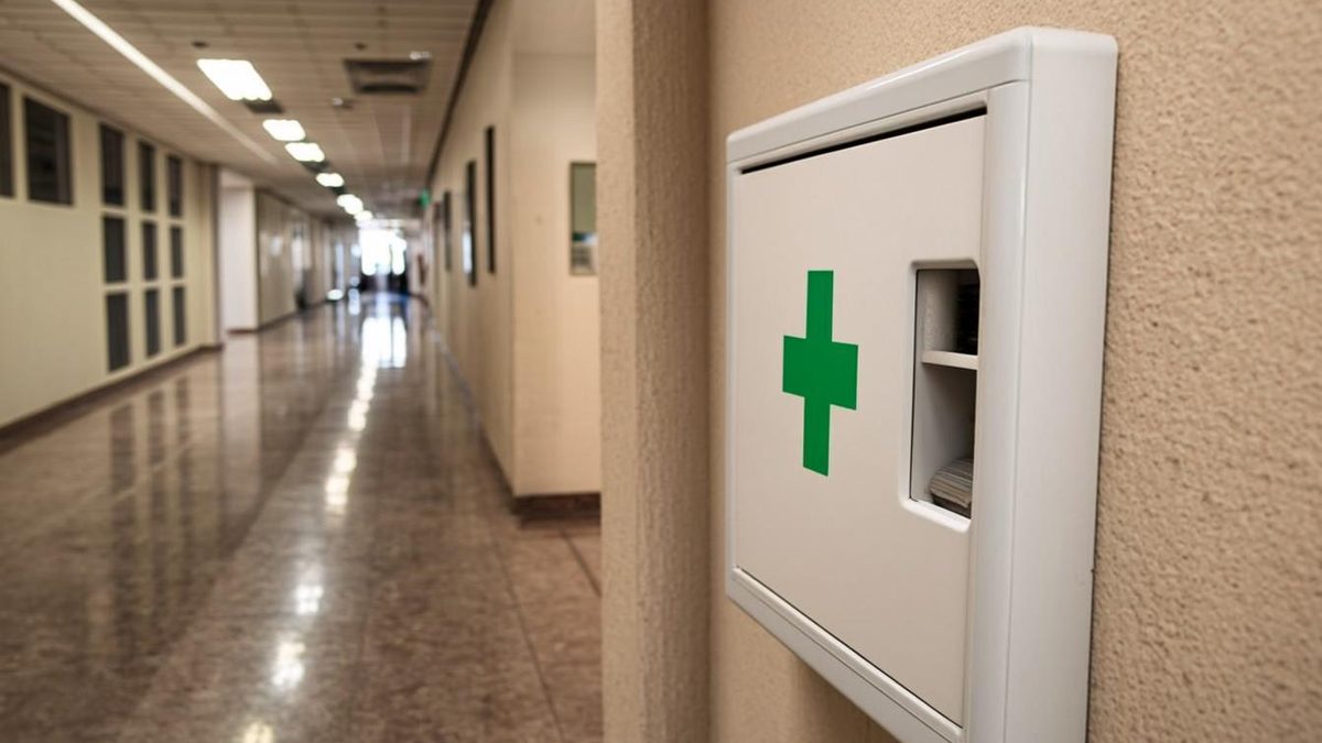 Wall-mounted AED cabinet in a UAE office corridor