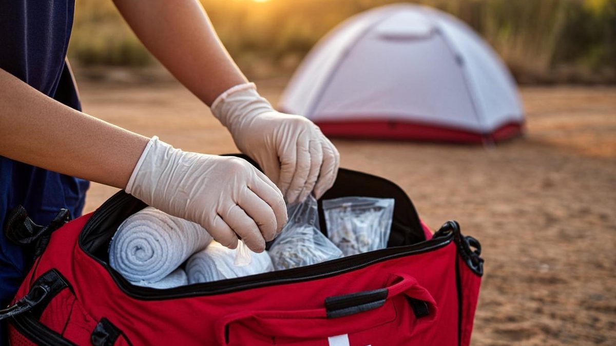 Paramedic restocking an event first aid backpack