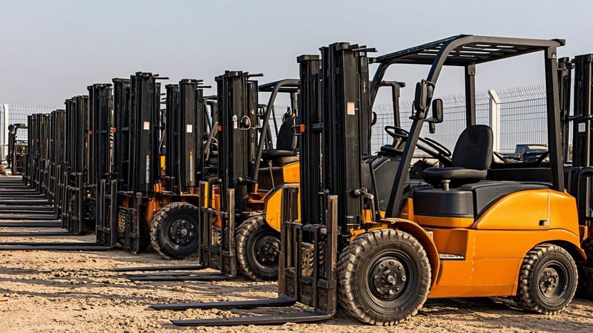 Rental forklift yard with rows of machines in desert daylight
