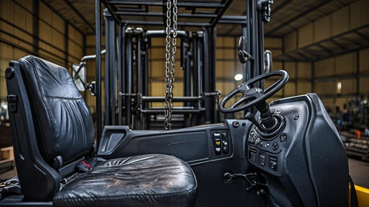 Operator's seat and hydraulic controls of a forklift close-up
