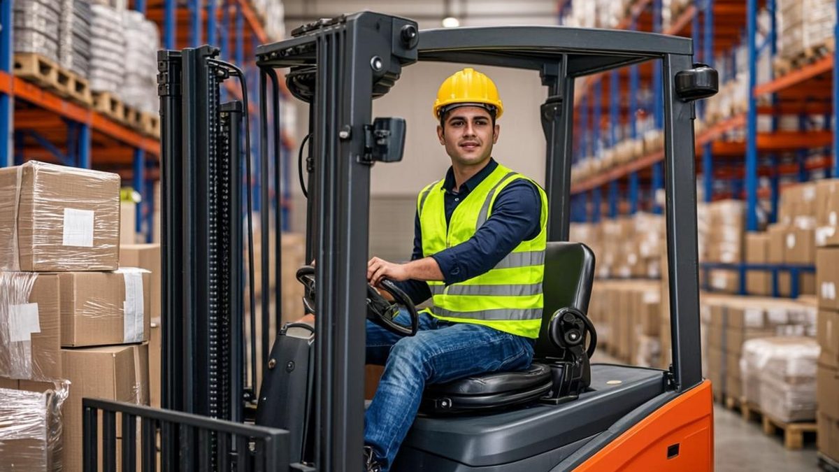 Operator driving loaded forklift inside a distribution warehouse