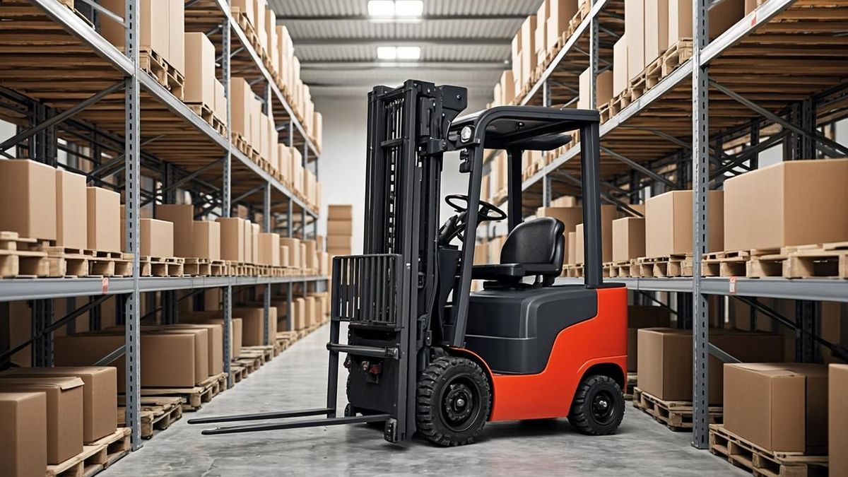 Electric counterbalance forklift working racking aisle inside SAIF Zone warehouse Sharjah