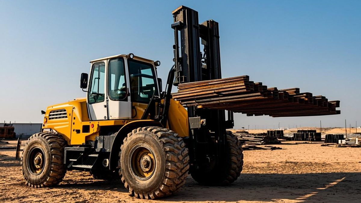 Four ton diesel rental forklift moving steel stock in Sharjah outdoor trading yard