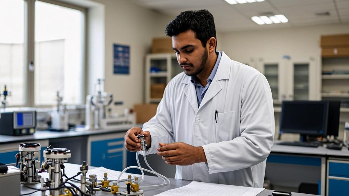 Technician calibrating a gas detector with certified gas at a UAE service centre