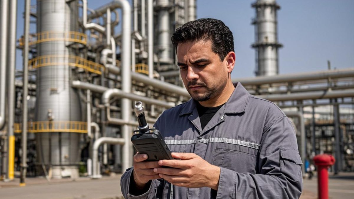 Technician holding a portable four-gas detector at an industrial facility in the UAE