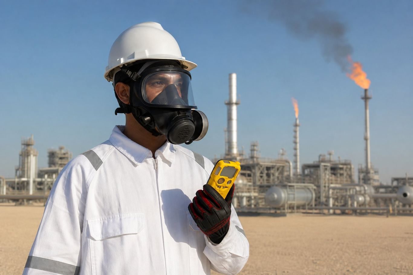 کارگر نفت گاز با ردیاب گاز تاسیسات ADNOC
