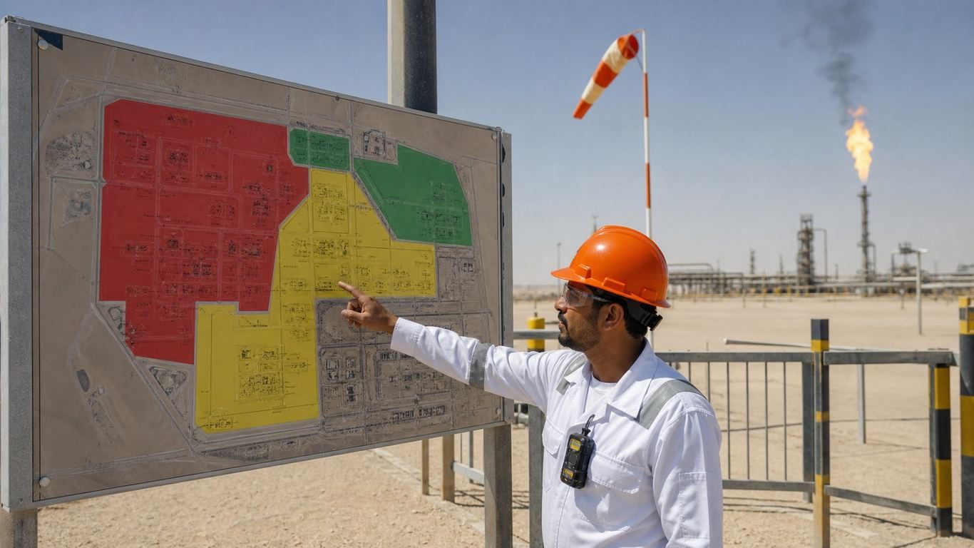 تکنسین در حال بررسی علائم منطقه H2S و آشکارساز گاز در تاسیسات ADNOC