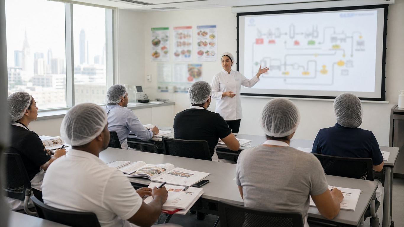 مربی ایمنی مواد غذایی اصول HACCP را در کلاس درس دبی آموزش می دهد