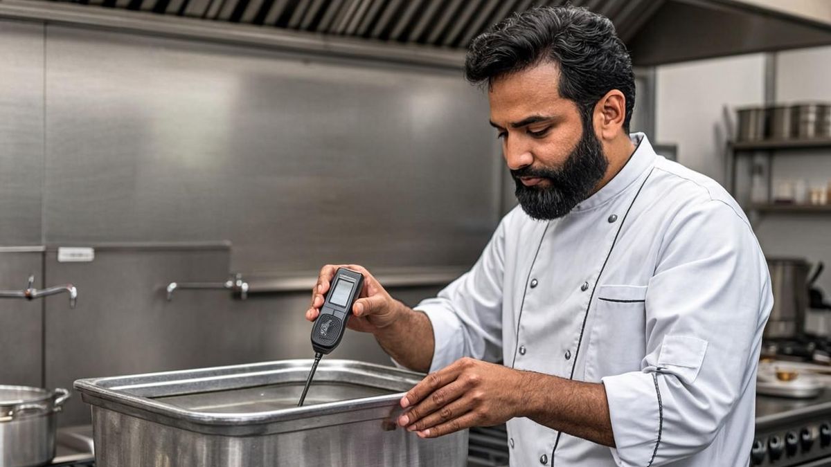 Chef checking refrigerator temperature with a probe during HACCP training in Dubai