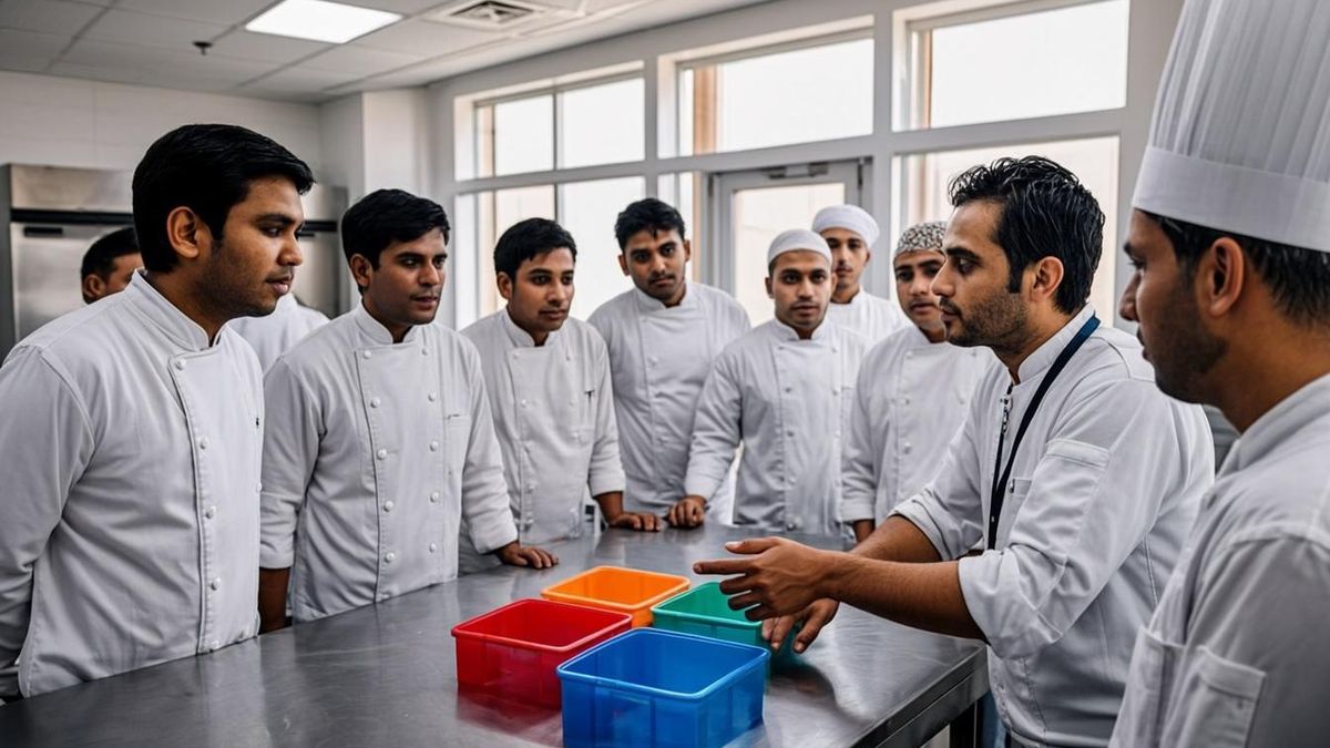Kitchen team briefing during a food safety session at a Dubai culinary training centre