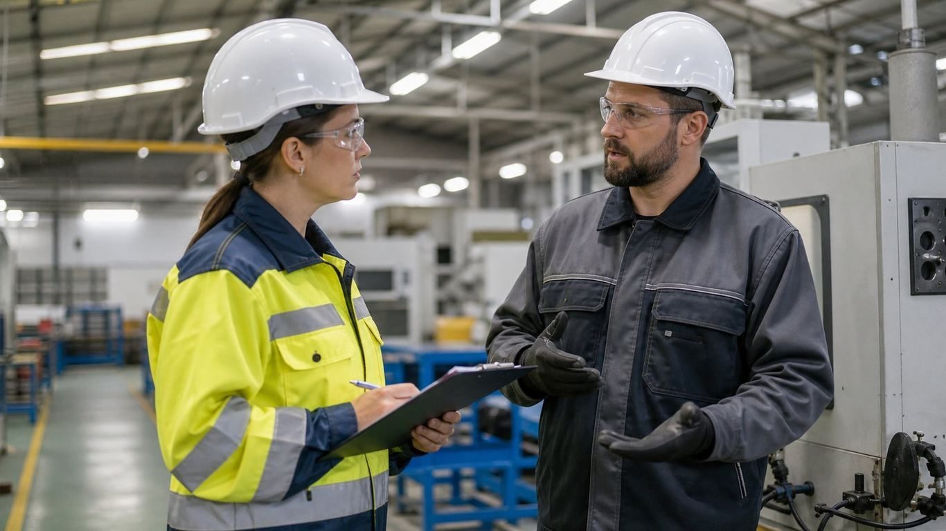 حسابرس با چک لیست مصاحبه با کارگر در کنار ماشین آلات هر دو در PPE