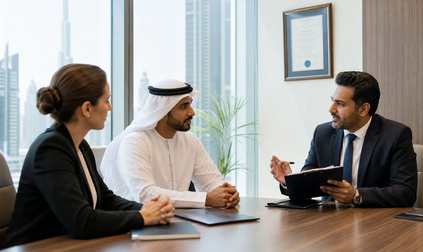 ممیز ارشد ISO در حال انجام ممیزی سیستم مدیریت در دفتر دبی
