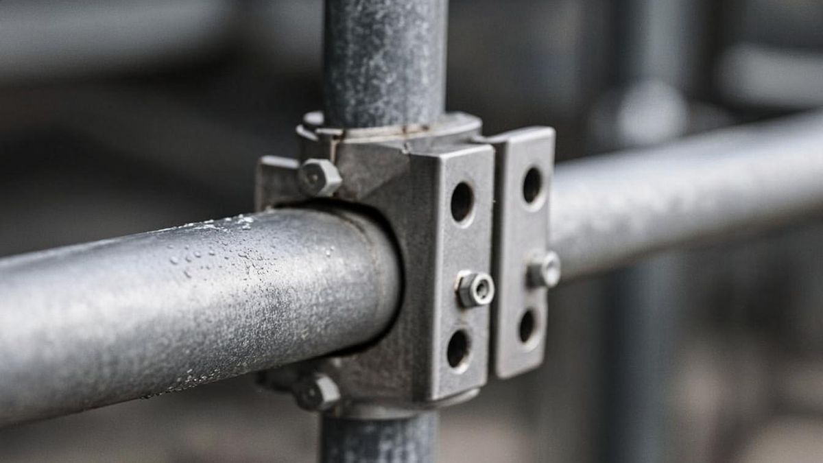 Close-up of ledger ends fixed into cuplock blade cups on a UAE scaffold