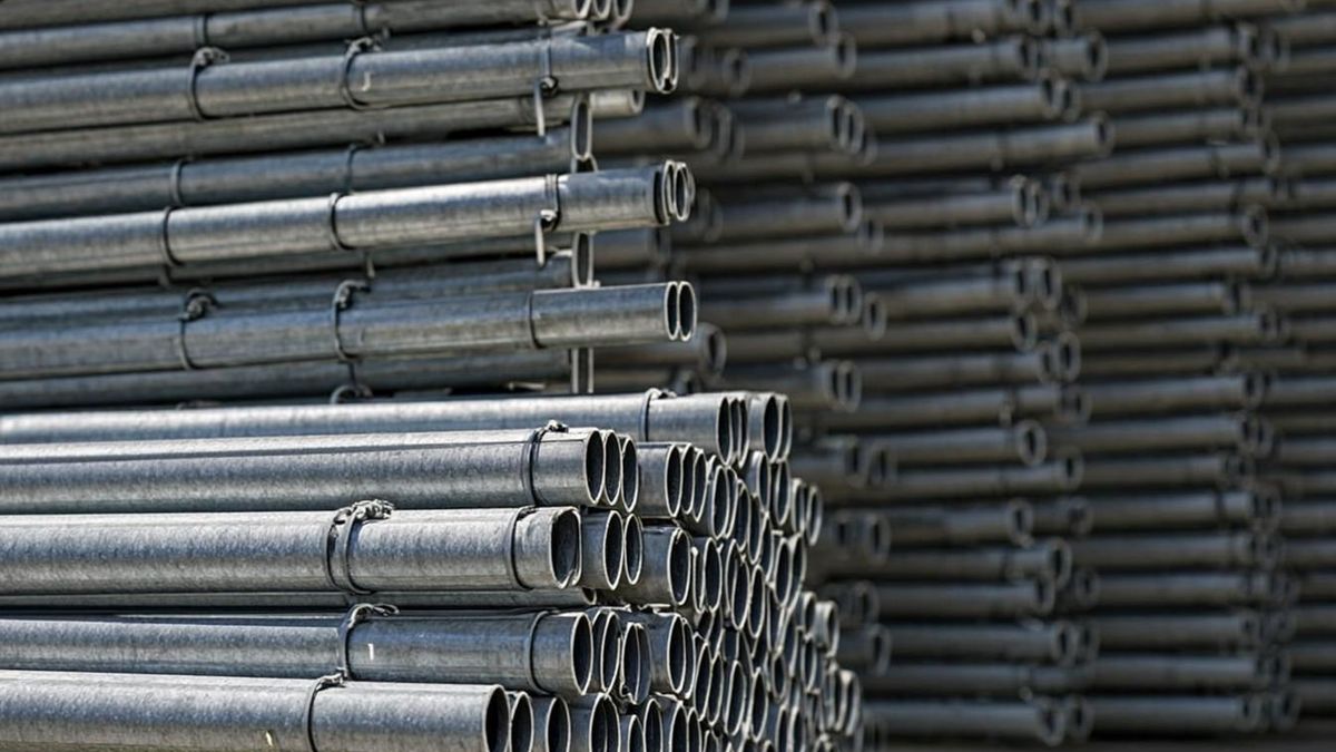 Stack of cuplock ledger tubes with forged blade ends in a UAE scaffolding yard