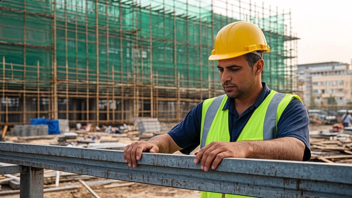 Scaffolding inspector sighting along a ledger line for straightness on a UAE site