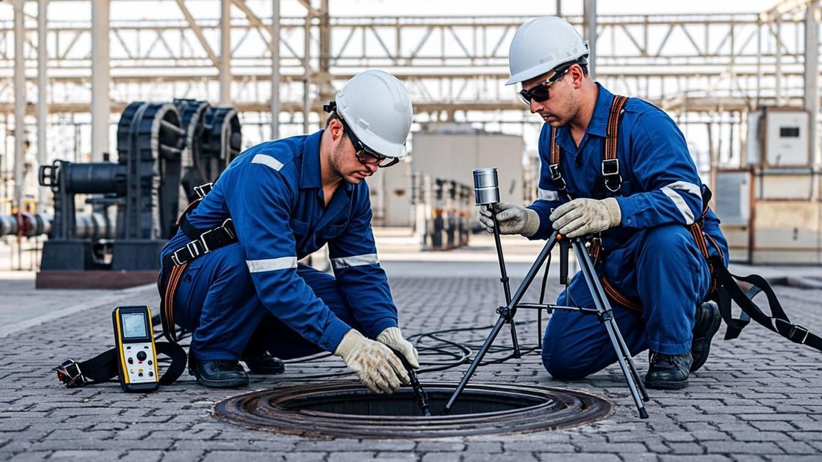 Confined space entry with tripod rescue setup and air monitoring at a UAE site