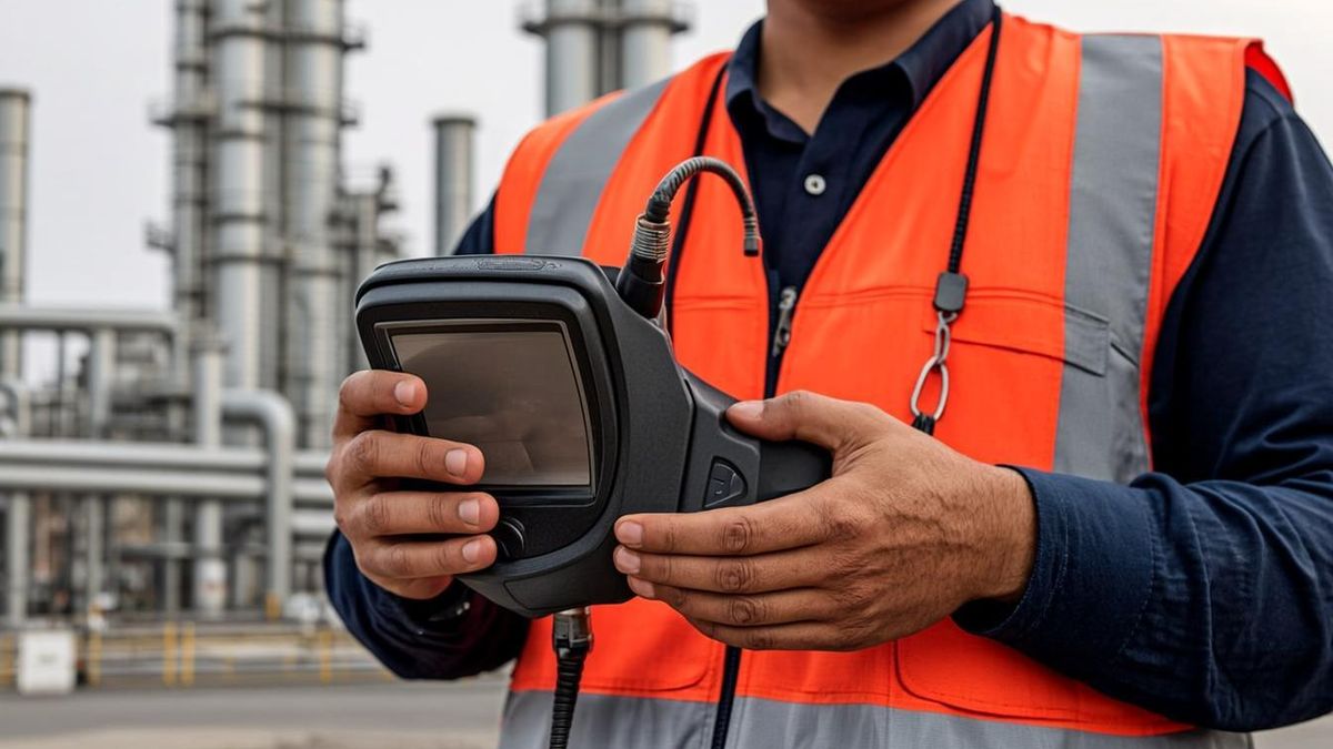 Worker clipping a portable multi gas detector to hi-vis vest before plant entry