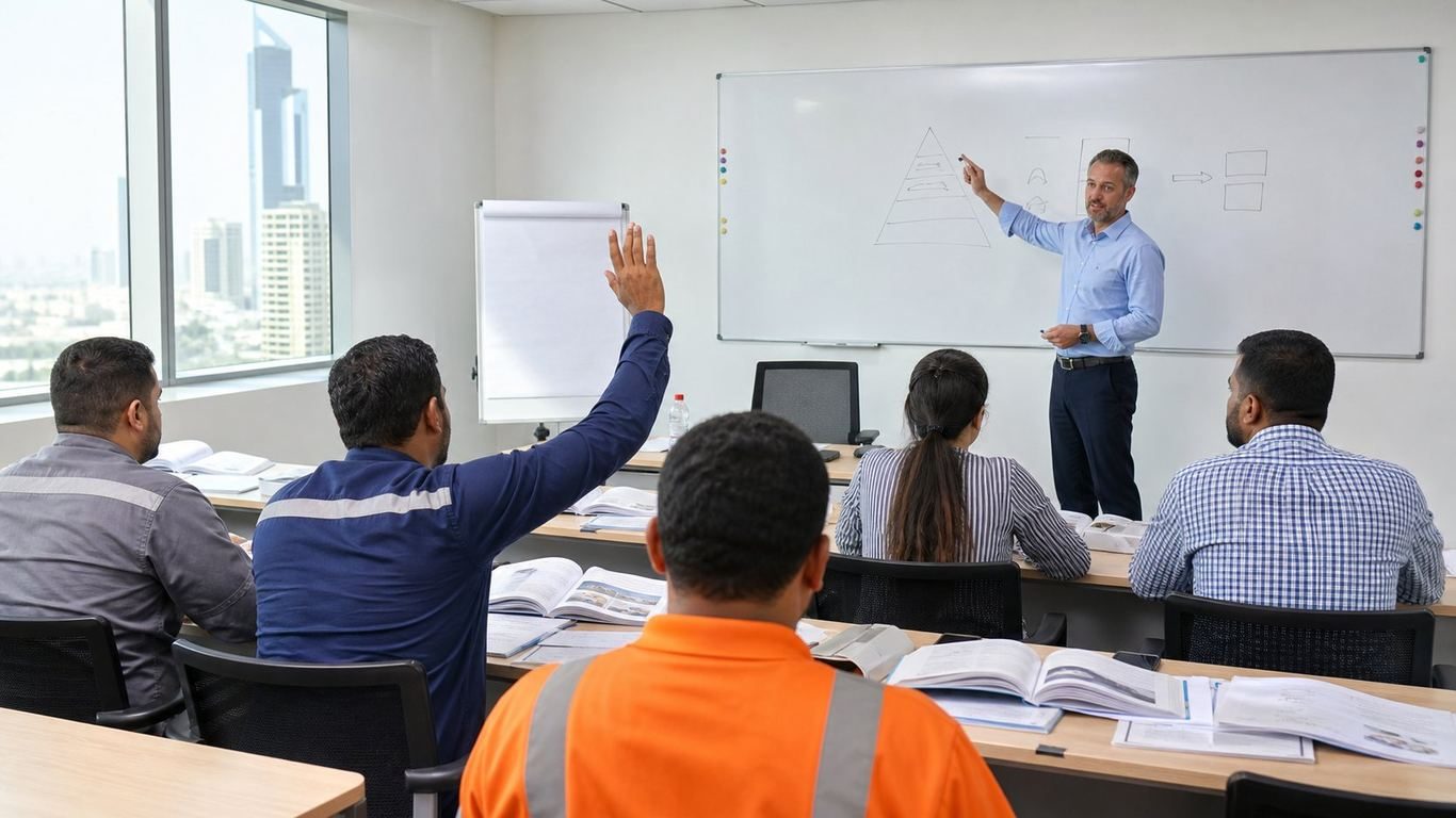کلاس درس NEBOSH IGC با دانش آموزانی که کتاب های کار را در ابوظبی مطالعه می کنند