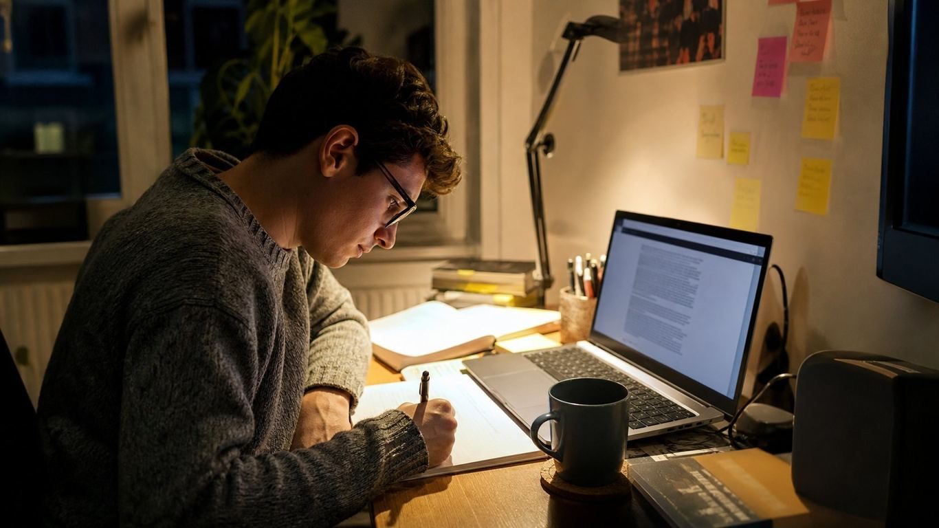 دانش آموز در حال تلاش برای امتحان کتاب باز روی لپ تاپ در میز خانه در عصر