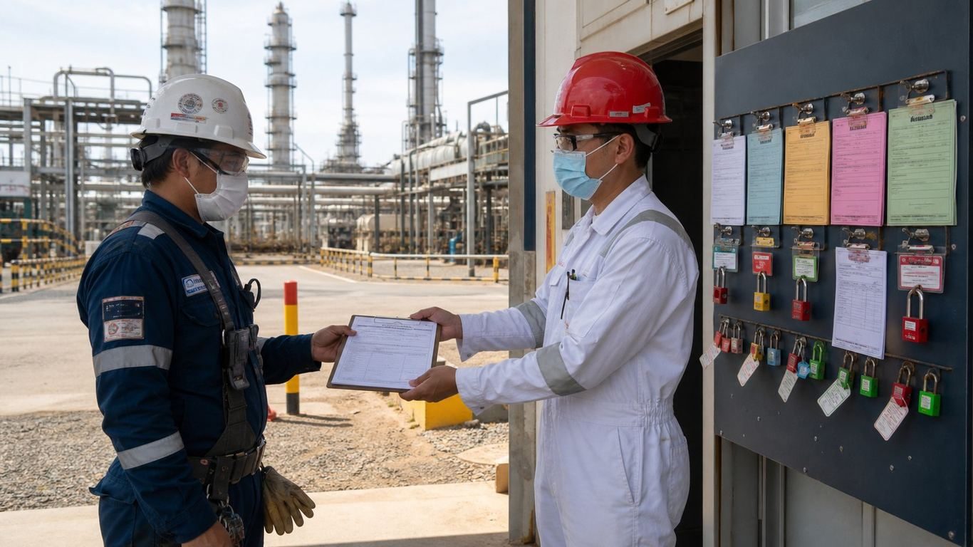 کارگران در حال بررسی گواهی مجوز کار در دروازه تاسیسات ADNOC